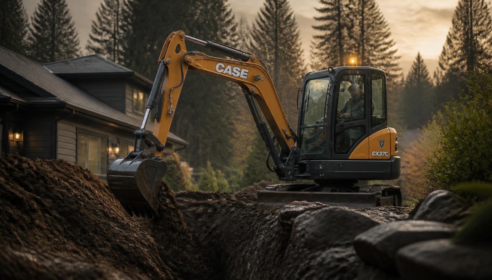 Margullis Construction excavator digging a trench beside a Renton home at dusk